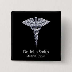 Classy Silver Caduceus Medical on Black 15 Cm Square Badge