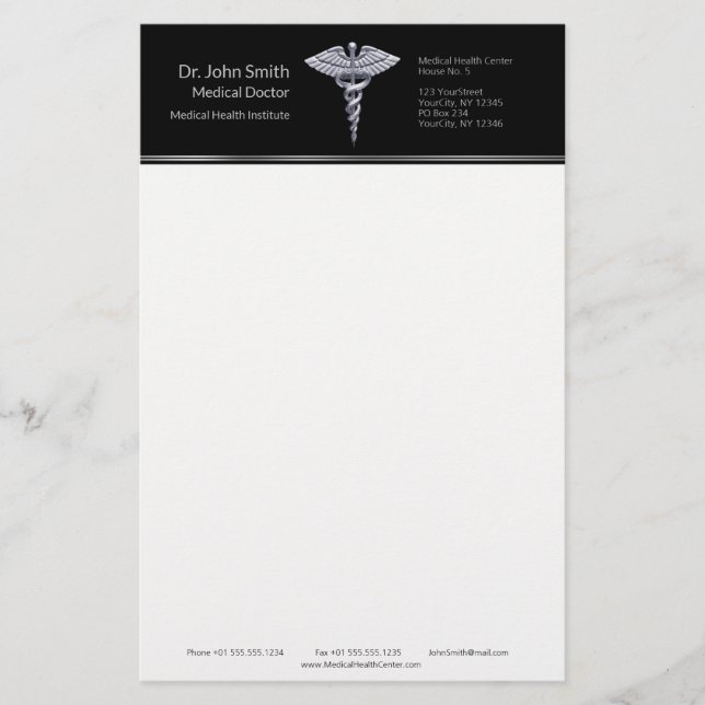 Classy Silver Caduceus on Black Medical Stationery (Front)