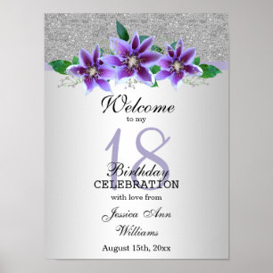 Classy Silver & Clematis Flowers 18th Birthday Poster