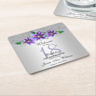Classy Silver & Clematis Flowers 18th Birthday Square Paper Coaster