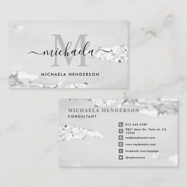 Classy Silver Foil Monogram Initial & Name Business Card (Front/Back)