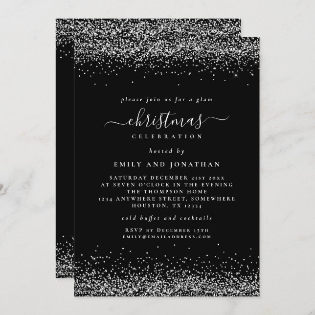Classy Silver Glitter Black Christmas Party Invitation (Front/Back)