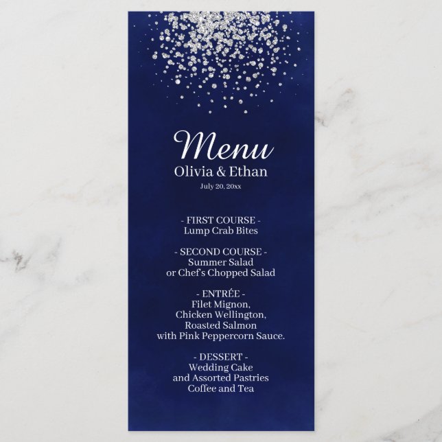 Classy Silver Glitter on Royal Blue Menu (Front)
