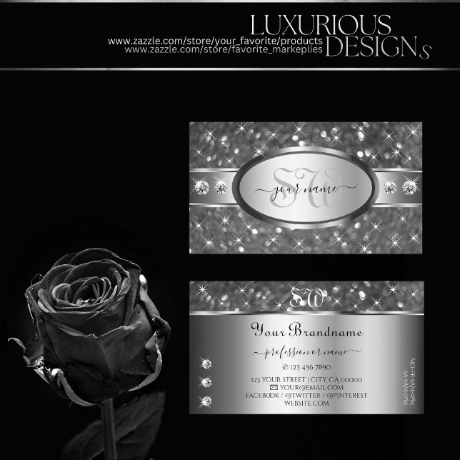 Classy Silver Glitter Sparkle Diamonds Initials Business Card (Creator Uploaded)