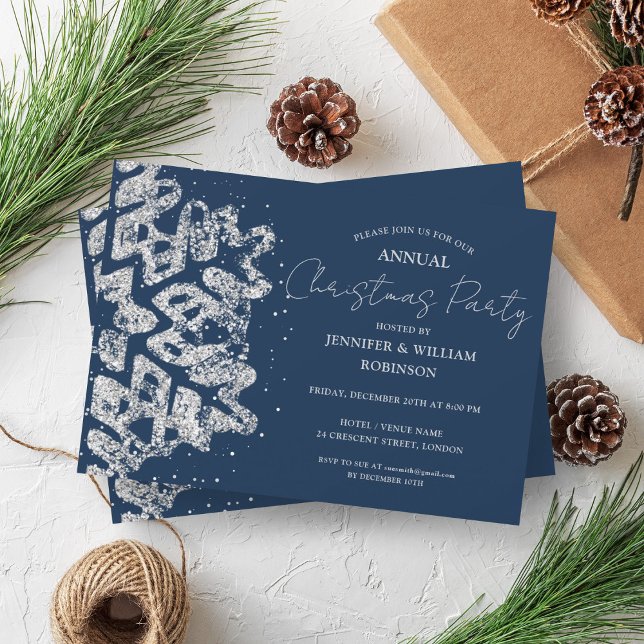 Classy Silver Glitter Xmas Snowflake Holiday Navy  Invitation (Classy Silver Glitter Xmas Snowflake Holiday Navy Invitation)