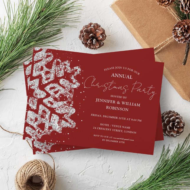 Classy Silver Glitter Xmas Snowflake Holiday Red Invitation (Classy Silver Glitter Xmas Snowflake Holiday Red Invitation)