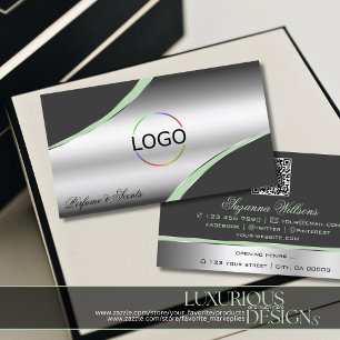 Classy Silver Grey Curved Decor Lines Logo QR Code Business Card