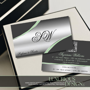 Classy Silver Grey Curved Lines Monogram QR Code Business Card