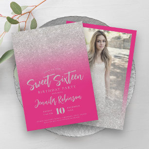 Classy Silver Hot Pink Glitter Photo Sweet 16   Invitation