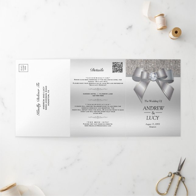 Classy Silver Jewel Gem Bow QR Code Wedding Tri-Fold Invitation (Outside)