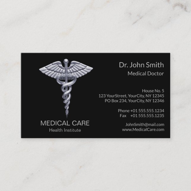 Classy Silver Medical Caduceus on Black Business Card (Front)