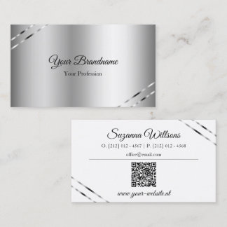 Classy Silver with Shimmery Lines and QR Code Business Card