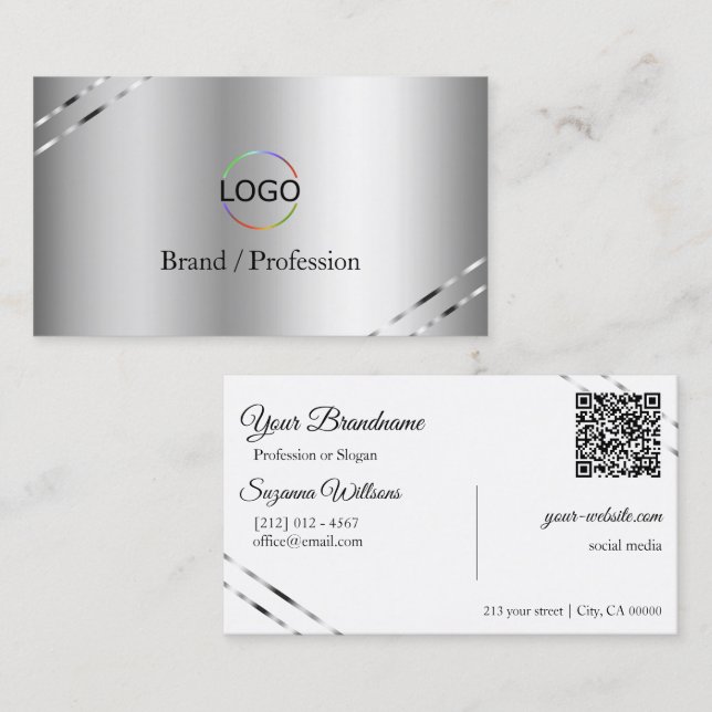 Classy Silver with Shimmery Lines Logo and QR Code Business Card (Front/Back)