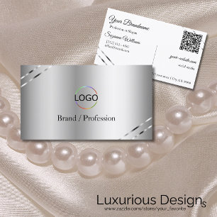 Classy Silver with Shimmery Lines Logo and QR Code Business Card