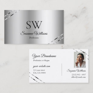 Classy Silver with Shimmery Lines Monogram Photo Business Card