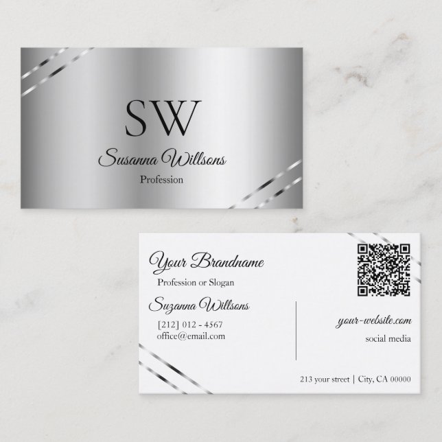 Classy Silver with Shimmery Lines Monogram QR Code Business Card (Front/Back)
