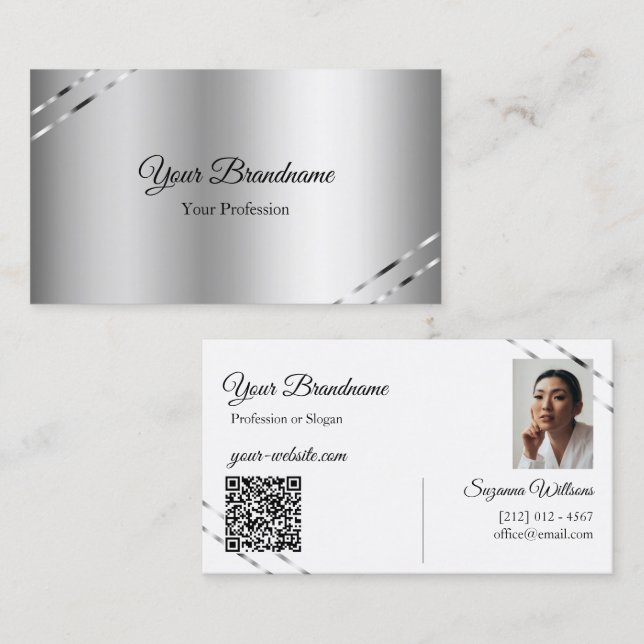 Classy Silver with Shimmery Lines Photo QR Code Business Card (Front/Back)