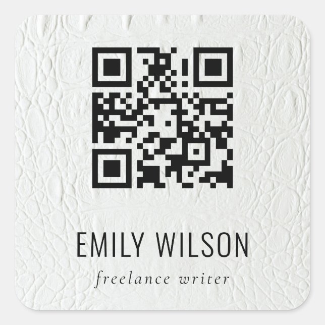 Classy Simple Ivory White Leather Texture QR Code Square Sticker (Front)