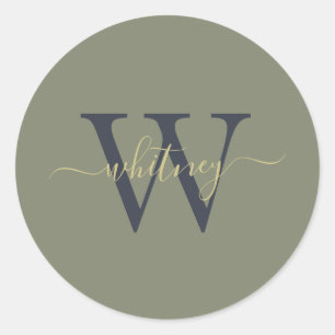 Classy Simple Monogram Name & Initial Olive Green Classic Round Sticker