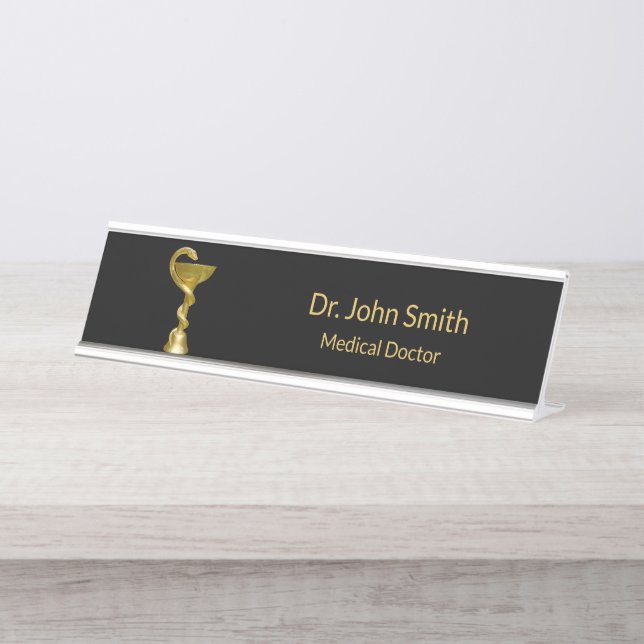 Classy Snake Bowl Hygieia Gold Medical Caduceus Desk Name Plate (Front)