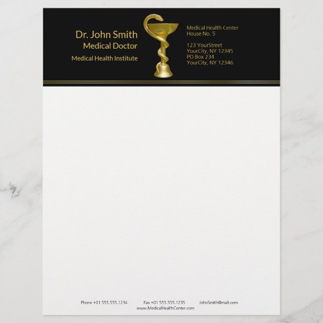 Classy Snake Bowl Medical Hygieia Gold Caduceus Custom Letterhead (Front)