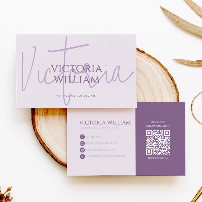 Classy Soft Lavender Script QR Code Business Card (Creator Uploaded)