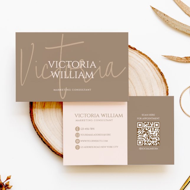Classy Soft Neutral Beige Script QR Code Business Card (Creator Uploaded)