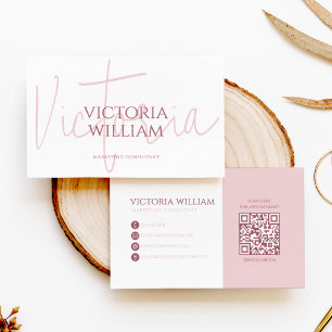 Classy Soft Pale Pink Script QR Code Business Card
