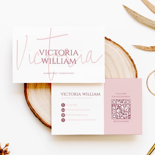 Classy Soft Pale Pink Script QR Code Business Card (Creator Uploaded)