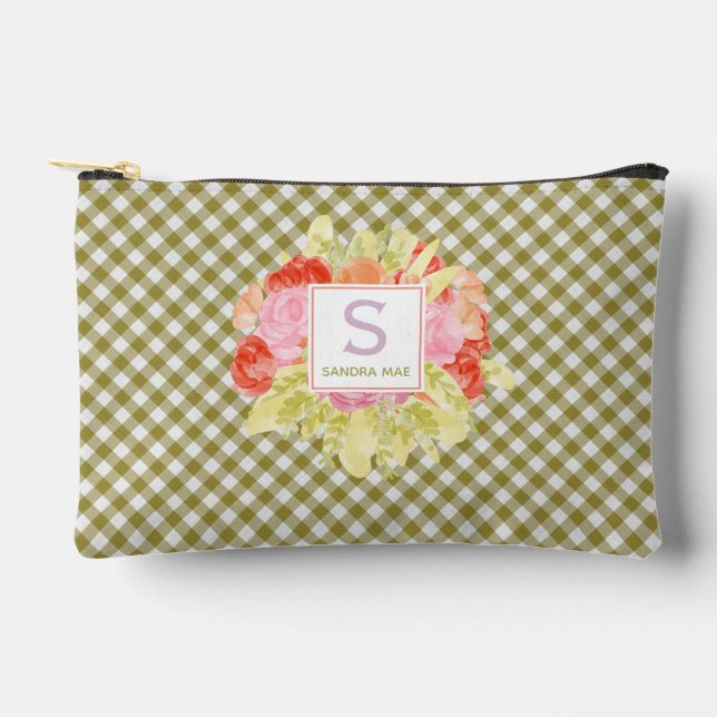 Classy Spring Green Check Pattern Cosmetic Makeup Accessory Pouch (Front)