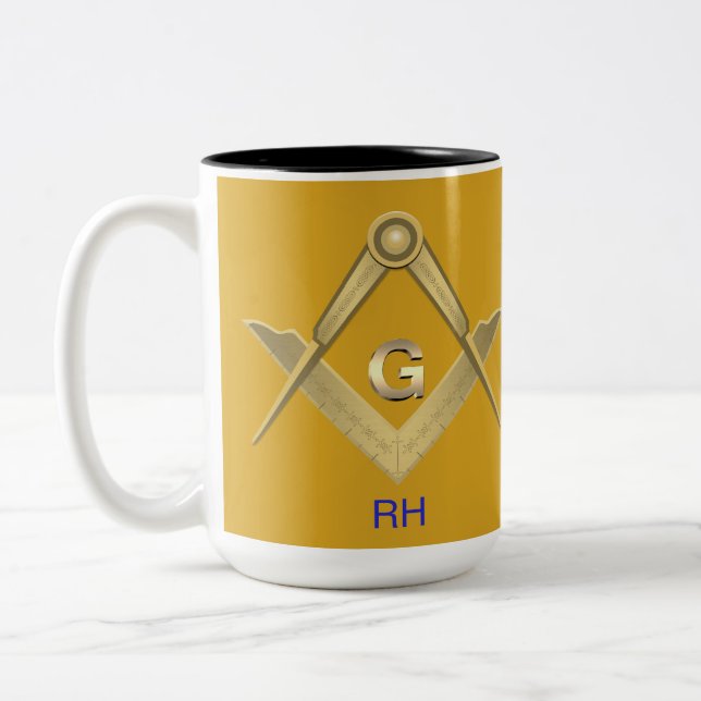 Classy Square & Compass Monogrammed Two-Tone Coffee Mug (Left)