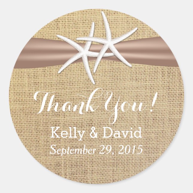 Classy Starfish & Burlap Wedding Favour Stickers (Front)