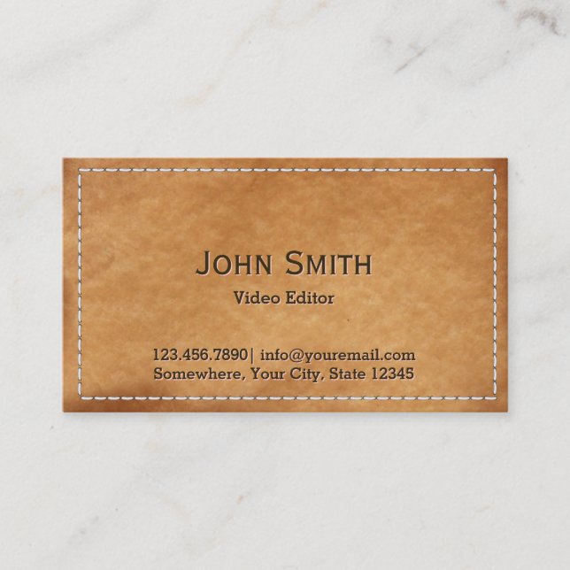 Classy Stitched Leather Video Editor Business Card (Front)