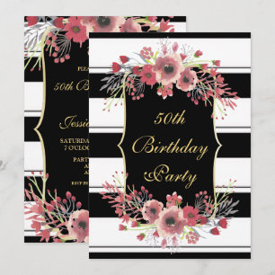 Classy Stripes Floral Watercolor 50th Birthday Invitation