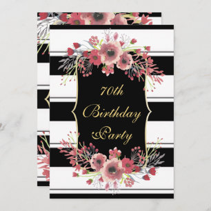Classy Stripes Floral Watercolor 70th Birthday Invitation