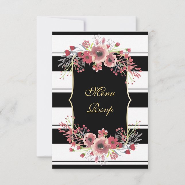 Classy Stripes Floral Watercolor Menu RSVP (Front)