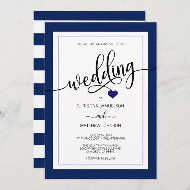 Classy Stripes Navy Blue Nautical Wedding Invitation (Front/Back)