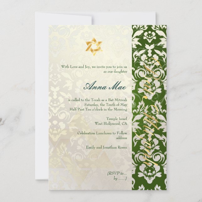 Classy + Stylish Damask Bat Mitzvah/emerald green Invitation (Front)