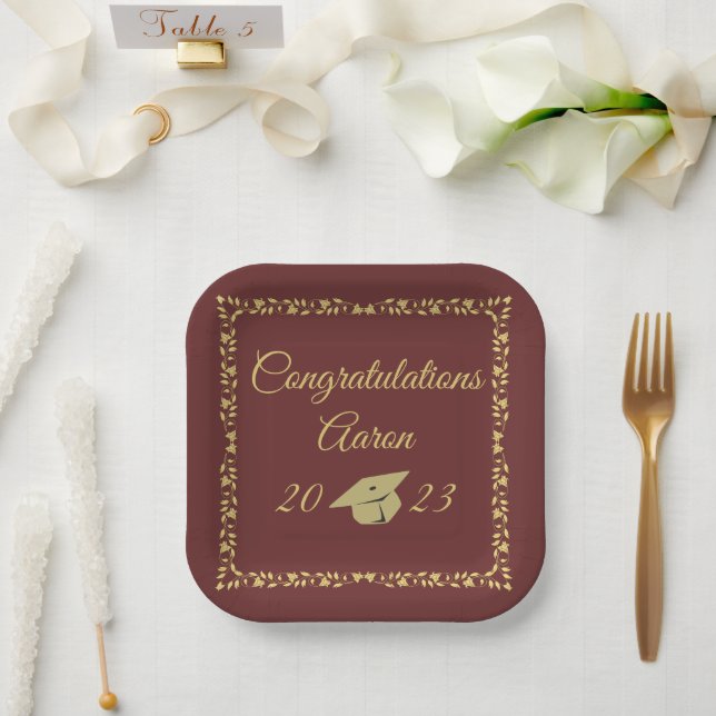 Classy Stylish Gold on Maroon Graduation Party Paper Plate (Wedding)