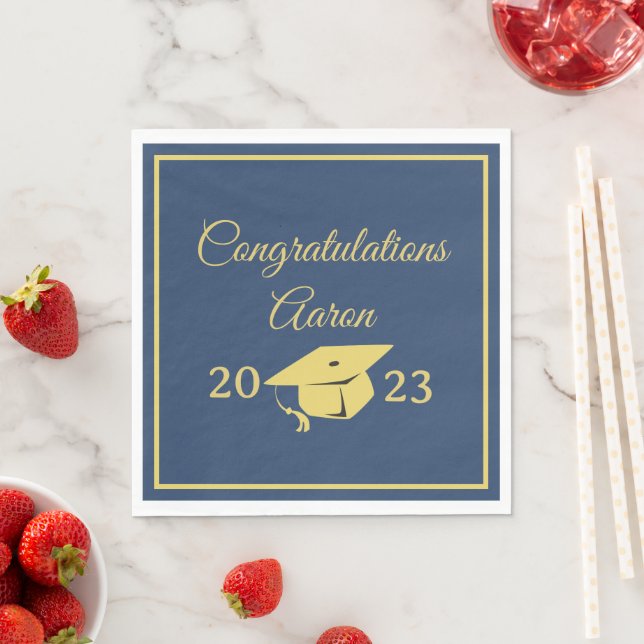 Classy Stylish Gold on Navy Graduation Party Napkin (Insitu)