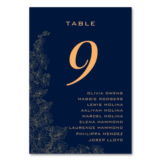 Classy Subtle Floral Pattern Names Navy Blue  Table Number (Front)