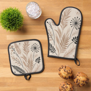 Classy Swedish Country Cottage Floral Art Pattern Oven Mitt & Pot Holder Set