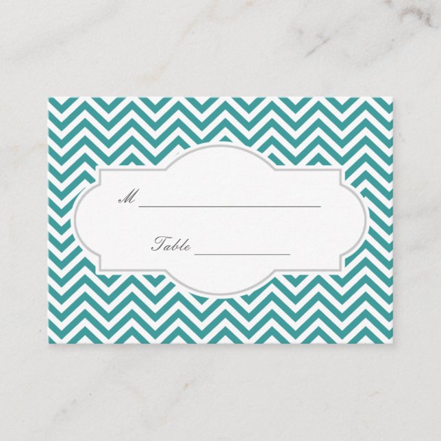 Classy Teal Chevron Stripes Wedding Place Card (Front)