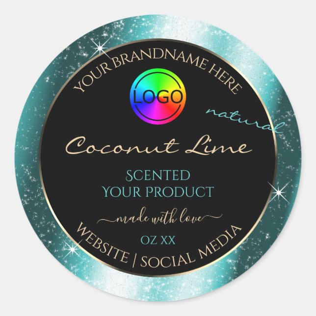 Classy Teal Glitter Frame Product Label with Logo (Front)
