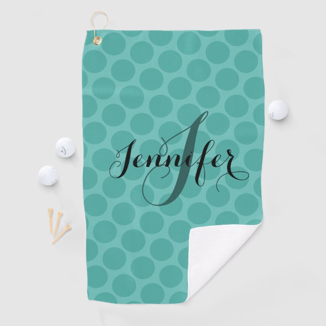 Classy Teal Polka Dot Script Name Golf Towel (InSitu)