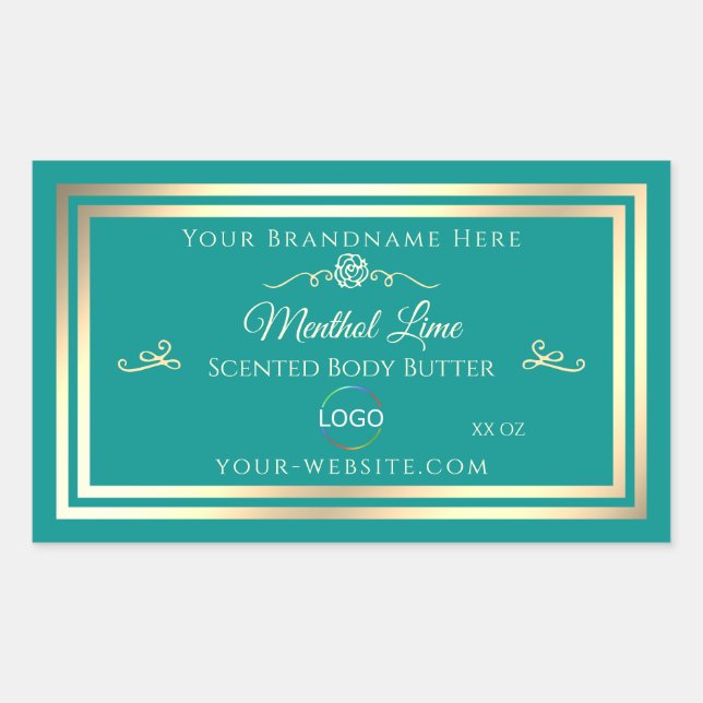 Classy Teal Product Label with Gold Frame and Logo (Front)