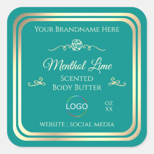 Classy Teal Product Label with Gold Frame and Logo