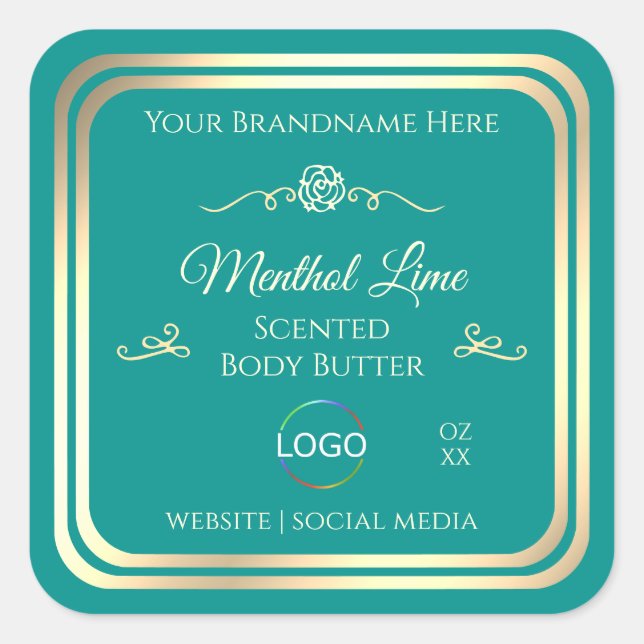 Classy Teal Product Label with Gold Frame and Logo (Front)