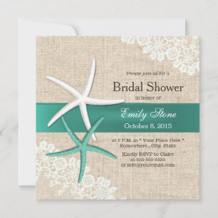 Classy Teal Starfish Lace & Burlap Bridal Shower Invitation