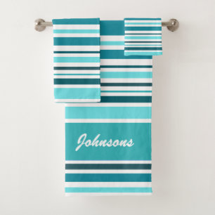 Classy Teal Striped Monogram Bath Towel Set